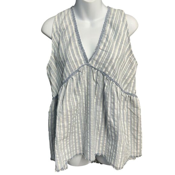 Umgee Linen Blend Top Womens Medium Blue White Striped Babydoll Swing Tank Boho - Picture 1 of 12